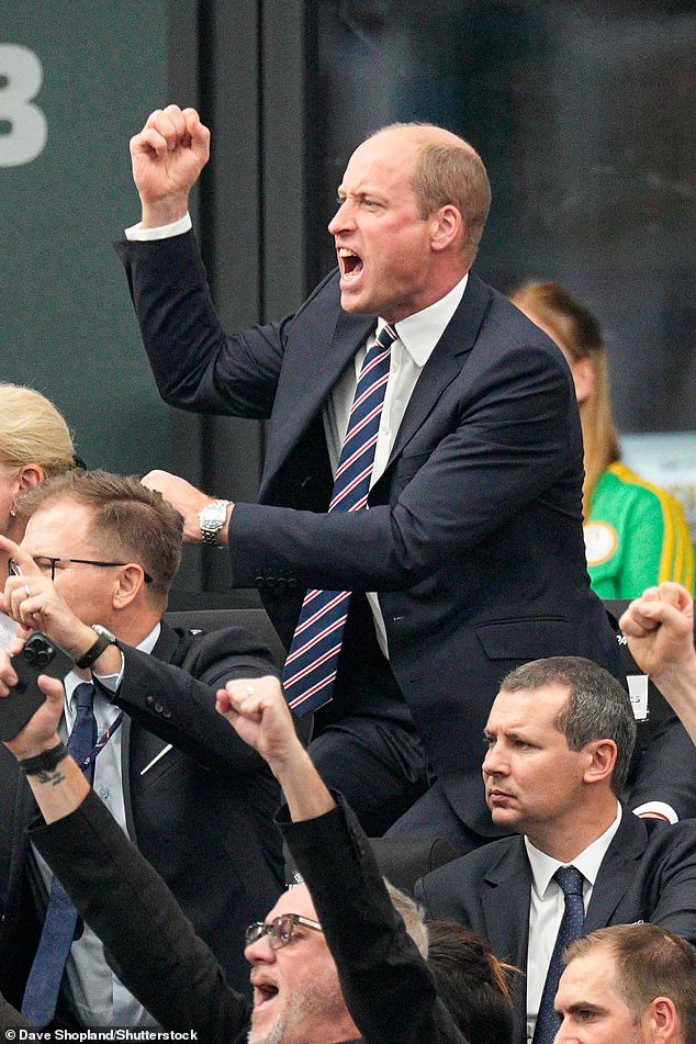 Pictured: Prince William gave an animated show during England's Euro match against Denmark in Frankfurt on Thursday evening