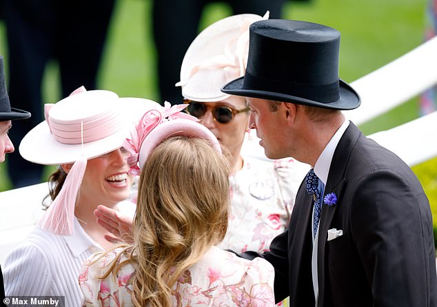 Prince William (right) shared a joke with his younger cousin, Princess Eugenie (left), on day two at Royal Ascot
