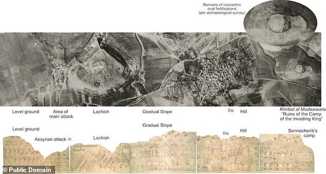 King Sennacherib, who ruled from 705 to 681 B.C.  ruled the Assyrian empire, besieged Jerusalem to conquer all paths leading to the Mediterranean.  Pictured: (top) A 1930s aerial photo of Jerusalem (bottom) The drawings found on Sennacherib's palace wall