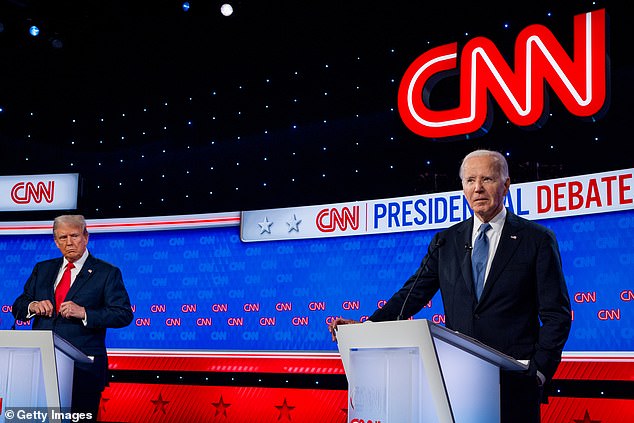 Republican presidential candidate, former President Donald Trump (L) looks at US President Joe Biden during the presidential debate on CNN