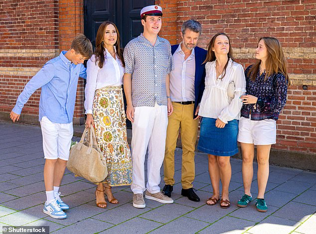 Mary and Frederik will likely be at school around the same time next year to celebrate their eldest daughter's graduation.  Pictured L-R: Prince Vincent, Queen Mary, Prince Christian, King Frederik, Princess Isabella and Princess Josephine