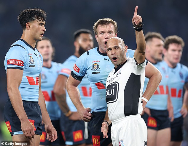 Sua'ali'i was sent off by referee Ashley Klein (pictured) in the eighth minute of the Origin opener - he is also currently serving a four-match ban