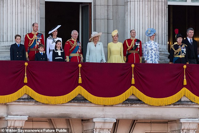 The royal line-up on the balcony of Buckingham Palace for the King's birthday on Saturday...