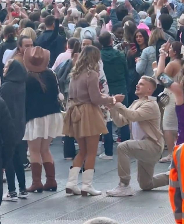 This is the adorable moment a man proposed to his girlfriend during Taylor Swift's Eras Tour in Liverpool on Saturday, as Love Story played in the background in an adorable video caught on camera