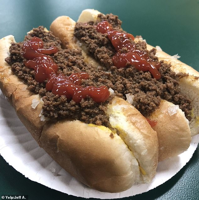 An order of two M&M's hot dogs with meat sauce and ketchup