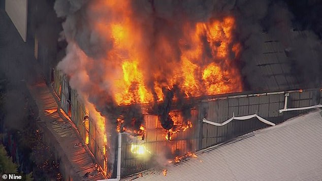A massive fire (pictured) has engulfed a factory on Fitzpatrick Street in Sydney's south-west Revesby