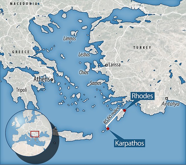 A location map shows Rhodes – the largest of the Greek islands in the Dodecanese – and nearby Karpathos