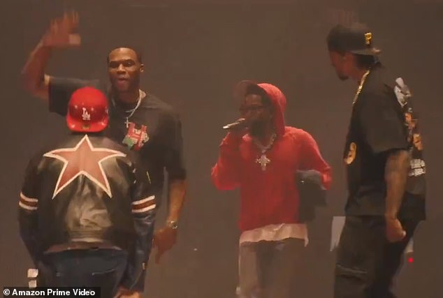 Russell Westbrook (back left) and DeMar Derozan (right) joined Kendrick Lamar on stage