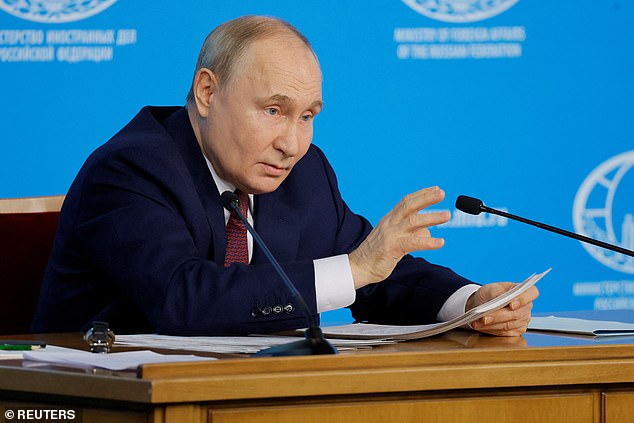 Pictured: Russian President Vladimir Putin delivers a speech during a meeting with the leadership of the Russian Foreign Ministry in Moscow, Russia, June 14, 2024. Putin has warned of a 