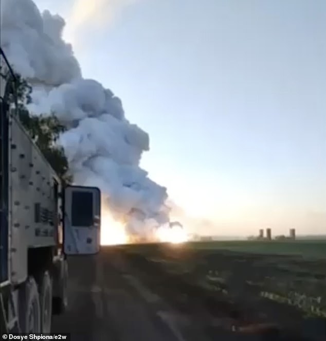 The site of a Russian air defense system in Belgorod is on fire after a suspected HIMARS attack