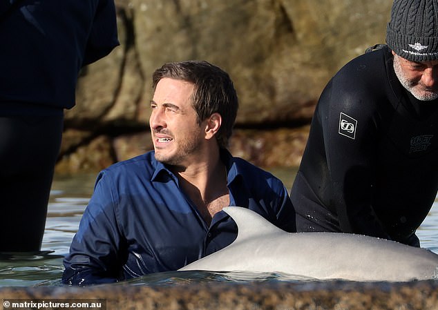 The House of the Dragon star braved the cold water as he got up close and personal with a prosthetic dolphin for one scene