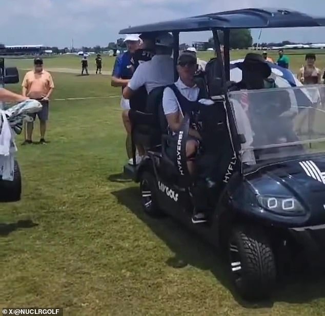 Ian Poulter (pictured in a dark blue shirt and white hat) launched a foul-mouthed tirade at a fan during the final round of LIV Houston on Sunday