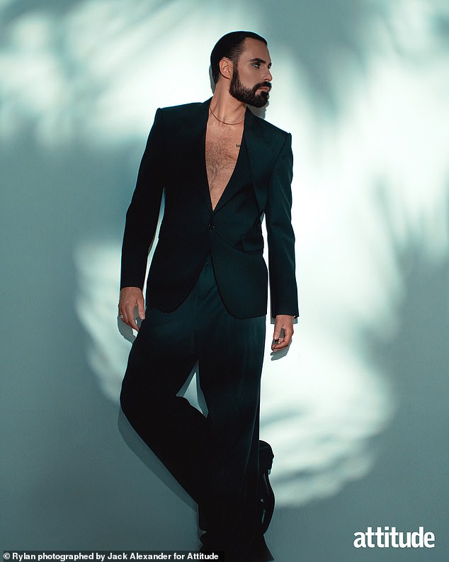Rylan Clark, 35, bared his chest in a smart black suit and wore dramatic eyeliner as he posed on the cover of Attitude magazine to celebrate Pride month