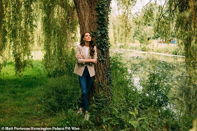 Kate is pictured in the gardens of Kensington Palace, before Trooping the Colour