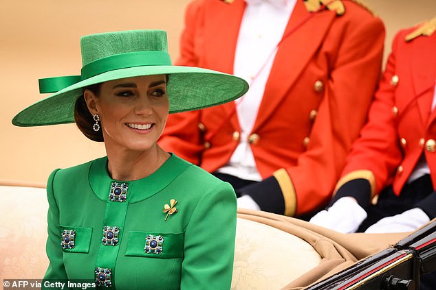 The Princess of Wales arrives in a horse-drawn carriage for Trooping the Color in 2023