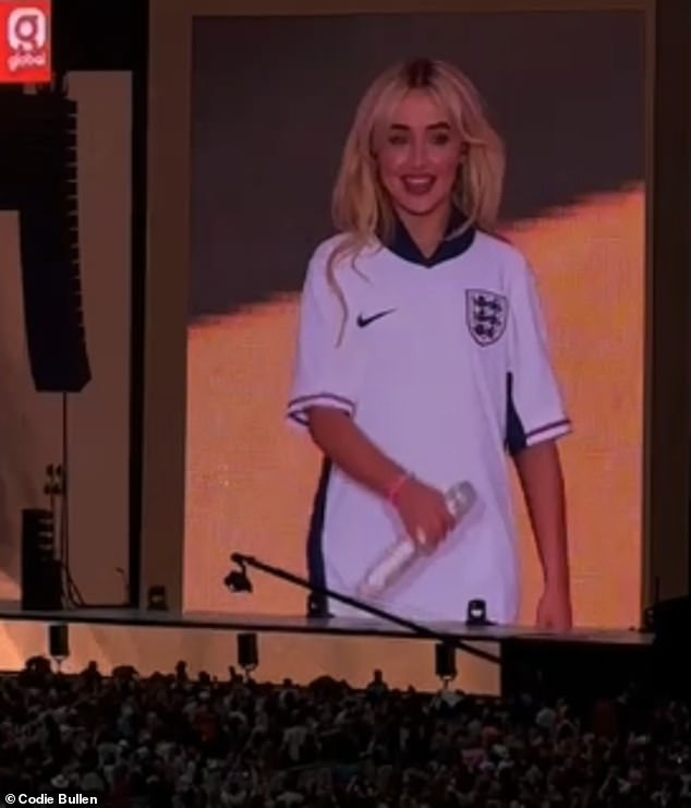 Sabrina Carpenter wore an English football top during her performance at Capital's Summertime Ball in London on Sunday when the Three Lions faced Serbia