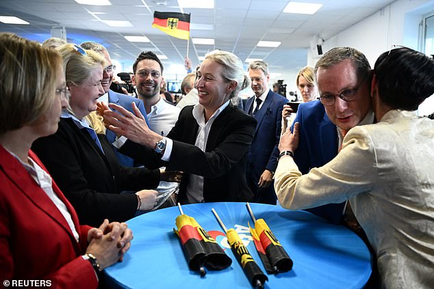 Alternative for German (AfD) party leaders Alice Weidel and Tino Chrupalla react to the results after the polls closed