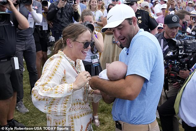 Scottie Scheffler was greeted by his wife Meredith and son Bennett when he won Memorial