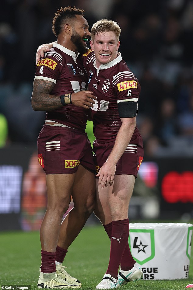 MFW's tweet then produced alarming statistics showing that there has been an 'average 40 per cent increase in domestic violence on State of Origin nights' (pictured left, Maroons star Hamiso Tabuai-Fidow celebrating one of his three attempts)