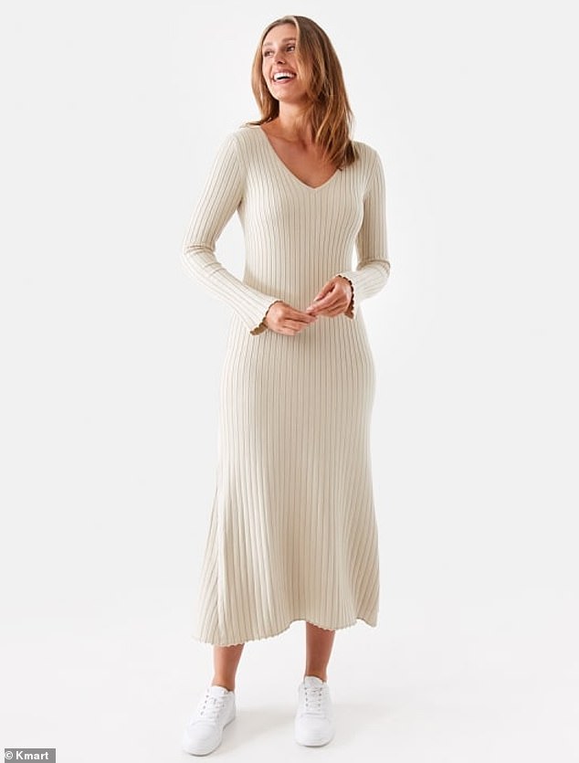 Customers are obsessed with Kmart's long-sleeved V-neck ribbed maxi dress (pictured)