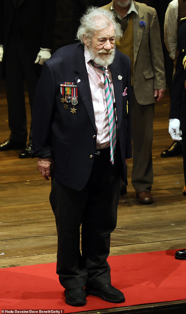 Sir Ian McKellen bows at the curtain call during the Player Kings press evening performance at the Noel Coward Theater on April 11