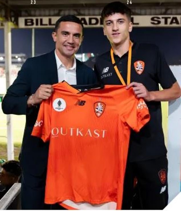 Socceroos legend Tim Cahill's son Shae has suffered a blow after being released by A-League club Brisbane Roar (pictured together after signing last September)