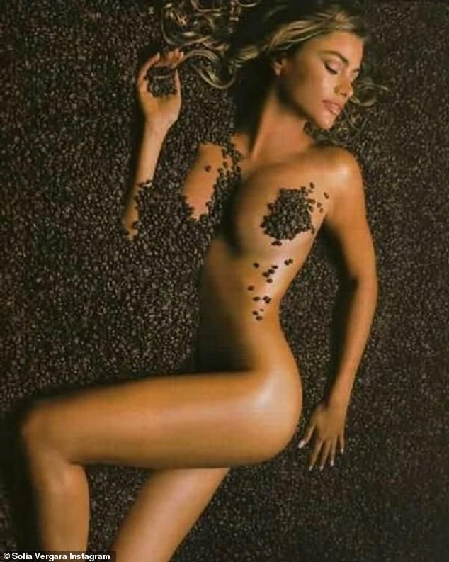 Sofis Vergara posed nude with coffee beans on her chest as she announced she has created her own coffee brand called ¡DIOS MÍO!  COFFEE;  the image is a throwback shot that has been altered, she explained on Instagram