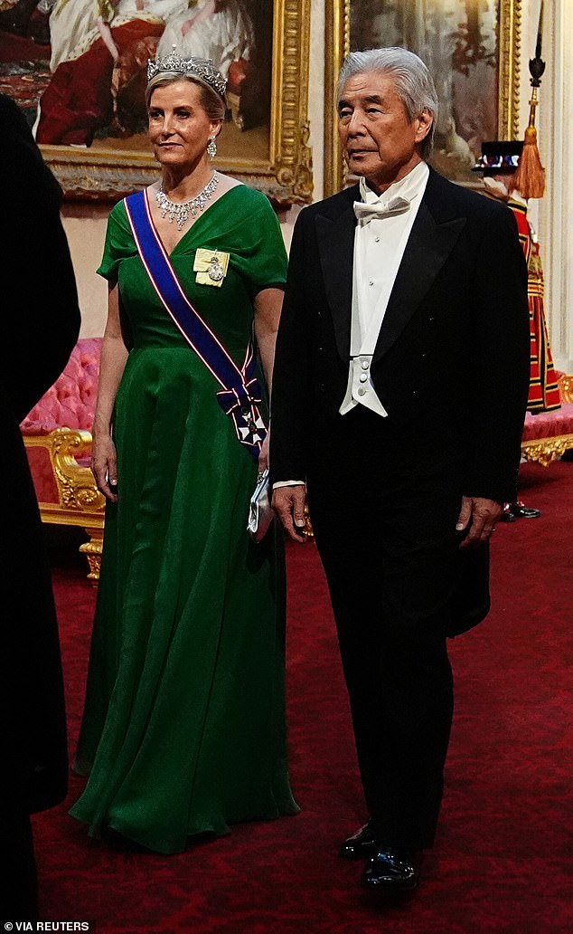 The Duchess of Edinburgh was the epitome of royal elegance as she wore the Lotus Flower Tiara - originally created for the Queen Mother in 1923 - to the glitzy State Banquet last night.