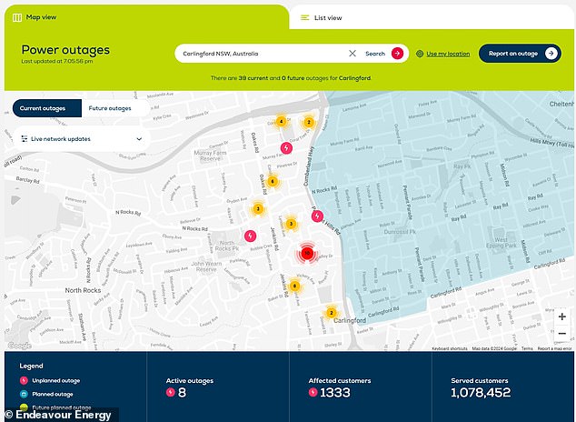 The Endeavor Energy map shows the cluster of outages in Sydney's west, in the City of Parramatta region