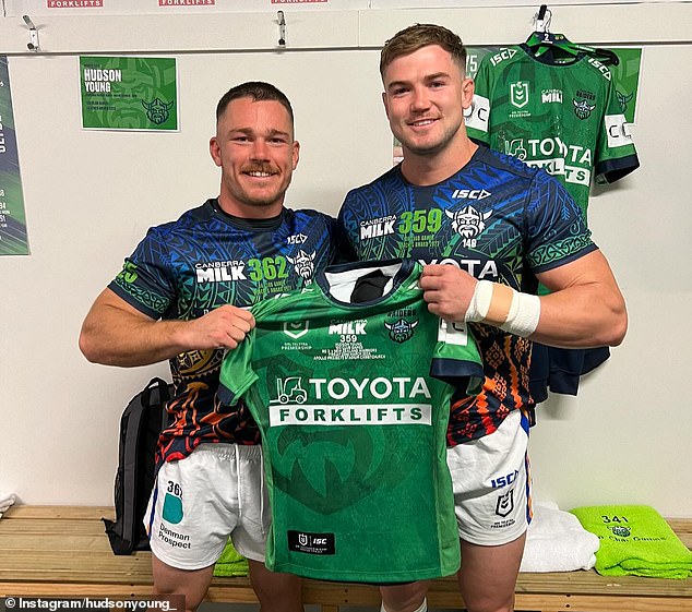 Canberra Raiders stars Tom Starling (left) and Hudson Young are good friends off the field