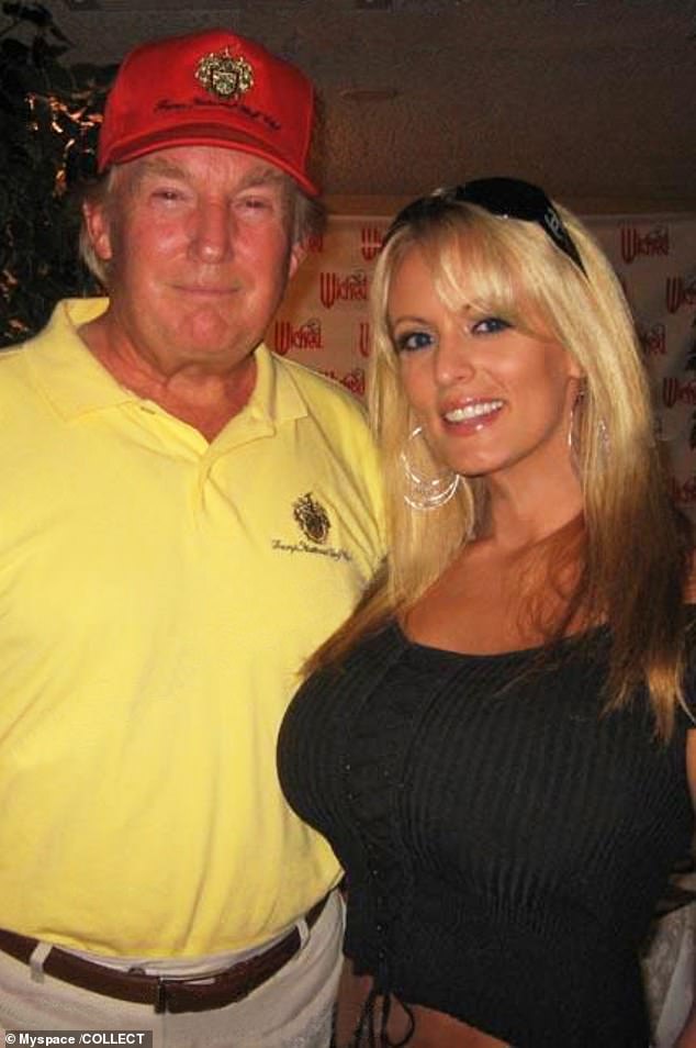 Stormy Daniels with Donald Trump in 2006, at the Edgewood Tahoe Golf Course, where they met.  Now she tells her side of the story in the Daily Mail podcast Everything I Know About Me