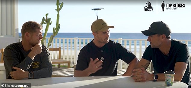 Mick Fanning (left) speaks to NRL star Kieran Foran (centre) and promising colleague and best friend Joel Parkinson for the Top Blokes Foundation and Logan's Legacy, to help young men battle depression