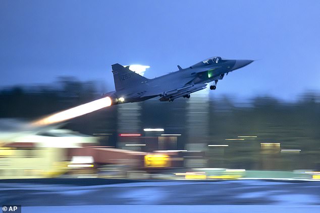 Two JAS-39 Gripen fighters were scrambled on Friday after a Russian bomber entered NATO airspace, hours before world leaders met for a historic peace conference over Ukraine (file photo)