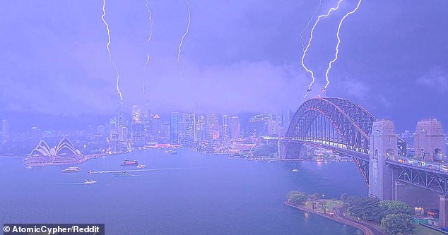 In Sydney, where almost 60mm of rain fell in the past 24 hours, an incredible 'five-in-one' lightning strike struck shortly after 8pm on Thursday, with two bolts appearing to hit the Harbor Bridge (pictured)