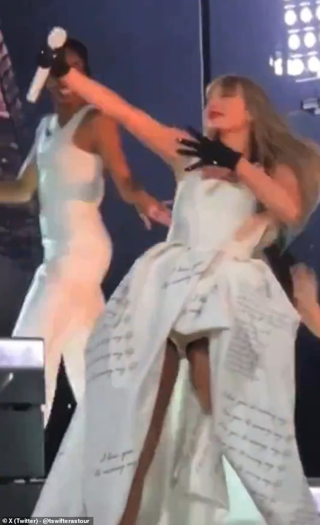 Taylor Swift went for the heart during her show in Dublin on Friday night, pretending to shoot a bow and arrow during the song Midnight Rain. She borrowed the move from her boyfriend Travis Kelce, who uses a similar motion when he takes the field at Arrowhead Stadium (pictured in London on June 22).