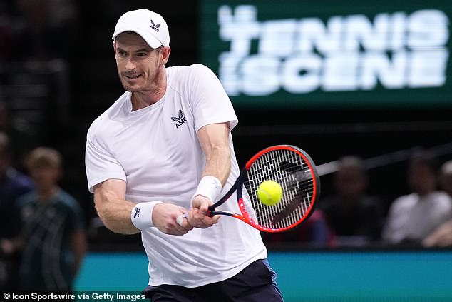 Andy Murray swings his tennis racket at the ball during the Rolex Paris Masters in France in October 2023