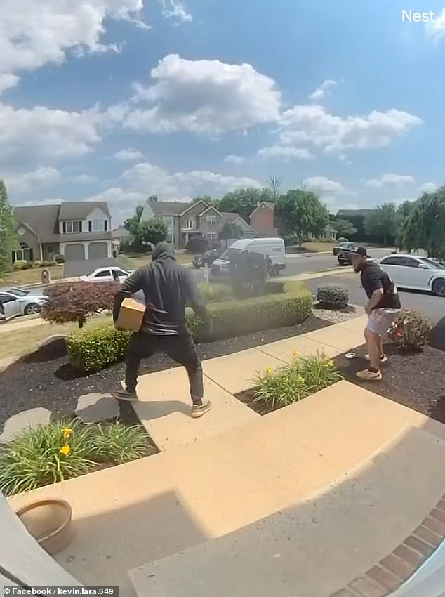 A pair of porch pirates ran up to a Pennsylvania home and fought over a package just seconds after a FedEx driver delivered it.