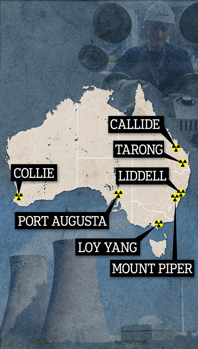 Tarong and Callide in Queensland, Liddell and Mount Piper in NSW, Port Augusta in South Australia, Loy Yang in Victoria and Muja in Western Australia are marked as the locations for the stations