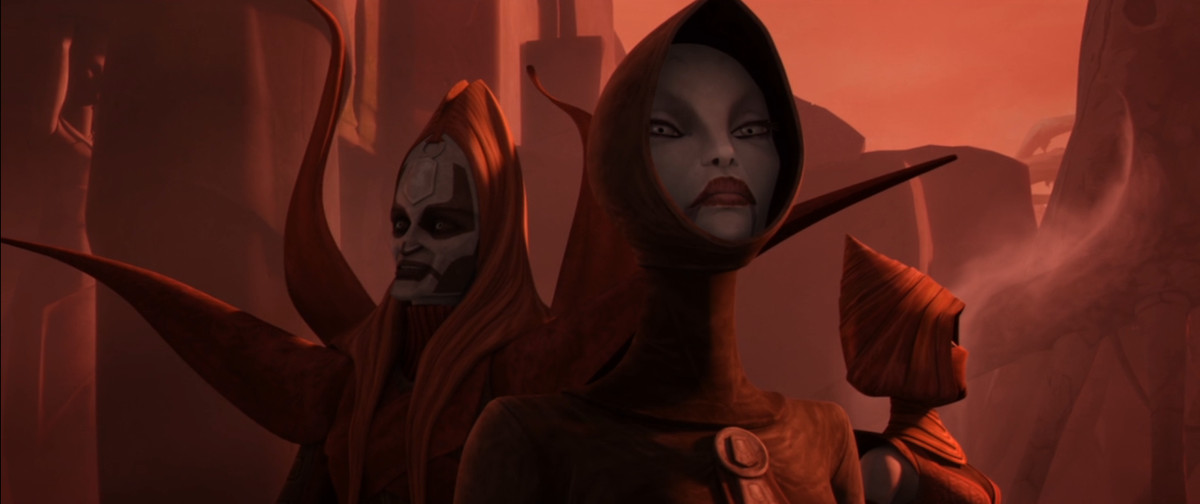 Asajj Ventress in a hood with some Witches of Dathomir in an episode of The Clone Wars