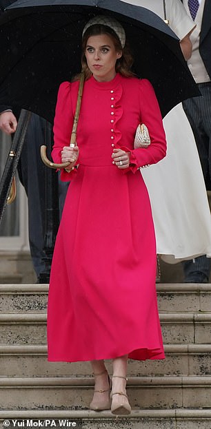Princess Beatrice brought some much-needed cheer to a dreary afternoon in her crimson 'Christina' dress