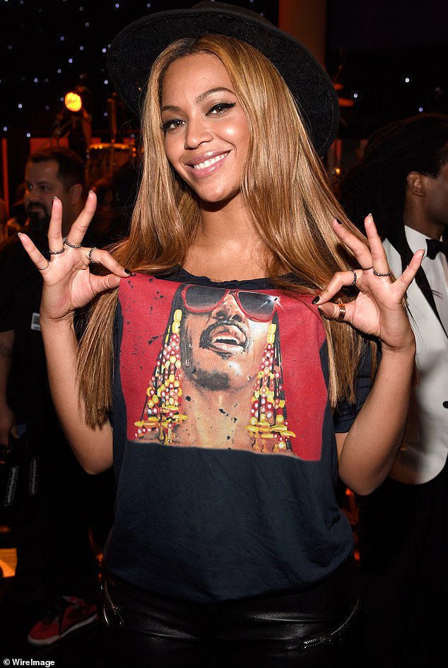 Superstar Beyonce wearing a Stevie Wonder T-shirt at a special event called Stevie Wonder: Songs In The Key Of Life in LA, in 2015