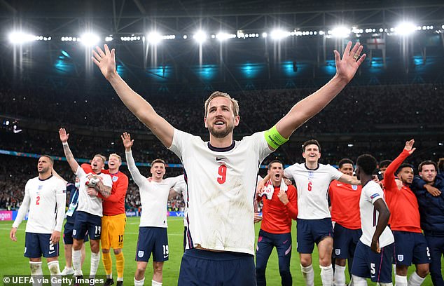 England's Harry Kane celebrates after winning the UEFA Euro 2020 Championship semi-final between England and Denmark