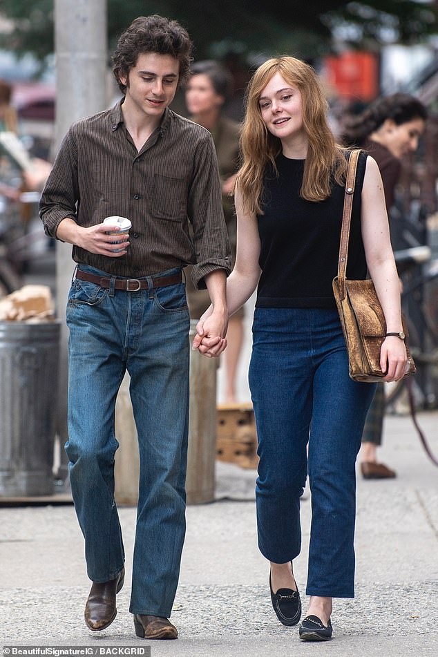 Timothée Chalamet, 28, and his costar Elle Fanning, 26, were dressed as a young Bob Dylan and his girlfriend Suze Rotolo as they filmed a scene Wednesday in Hoboken, New Jersey, for the biopic A Complete Unknown