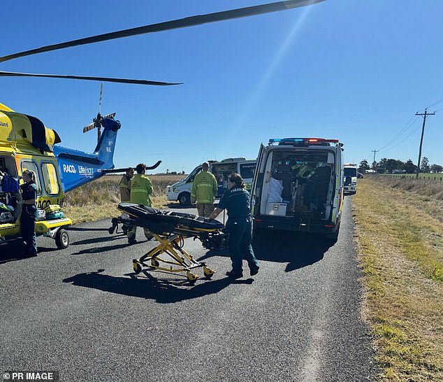 A father, 54, and his two children, aged 8 and 15, were killed on Monday when a ute hit them from behind.  The children's mother, who was driving, is in critical condition in hospital (photo emergency responders at the scene of the accident)