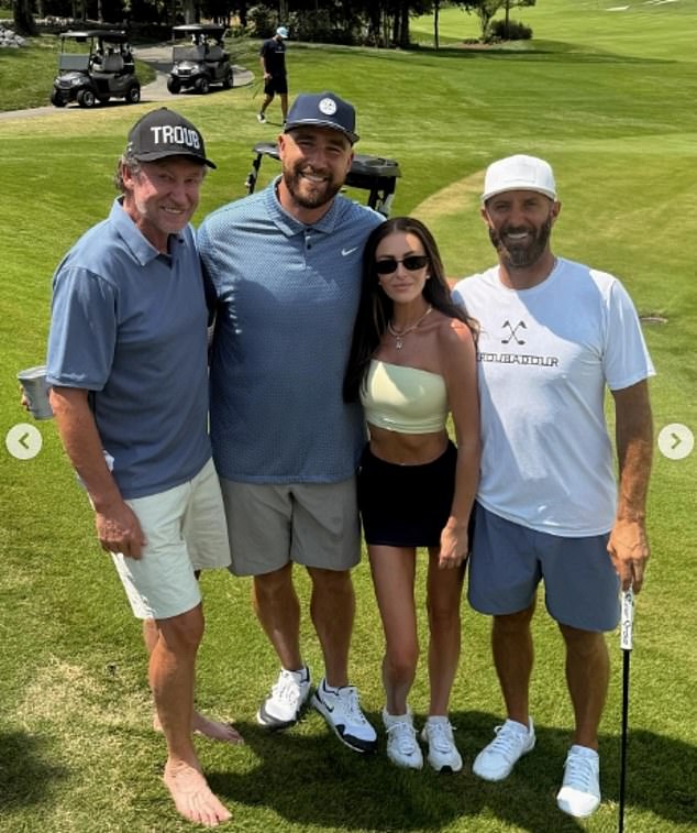 Kelce is pictured on a golf outing with Wayne Gretzky, Dustin Johnson and Paulina Gretzky
