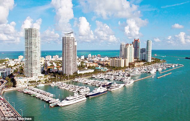 The Houston-born rapper – who has two young children, Stormi and Aire, with Kylie Jenner – was arrested by police at the Miami Beach Marina (pictured from above)