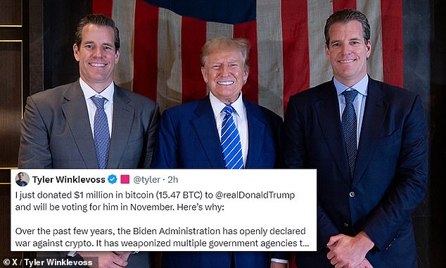 Billionaire Tyler Winklevoss announced he would donate in cryptocurrency and said he would vote for Trump