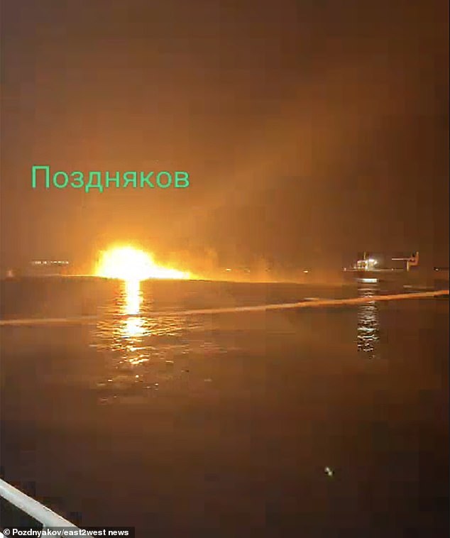 Images claim the ship is under fire in Crimea, the latest blow to the Russian fleet