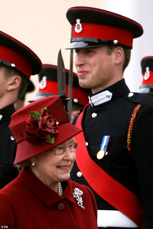 Queen Elizabeth II has a funny moment with her grandson Prince William as she observes him during his farewell parade in Sandhurst