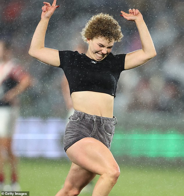 A streaker (pictured) stormed the field during the first half of the Roosters-Bulldogs match